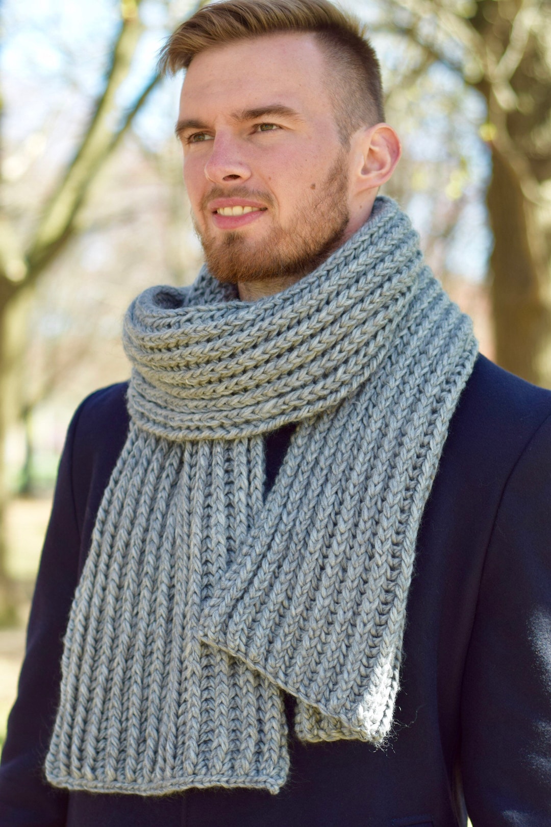 Knit Scarf for Men Wool Chunky Grey Scarf Unisex Hand Knit Bulky ...