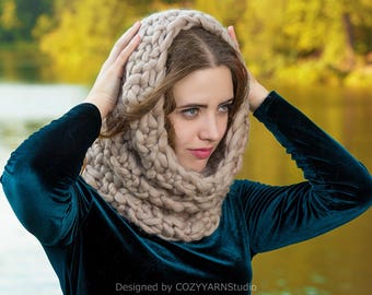 Hooded Scarf Knit Infinity Circle Scarf Wool Knitted Cowl Neck Warmer Wool Scarf Hand Knit Scarf Hood Cowl Handmade Scarf Snoods for Women