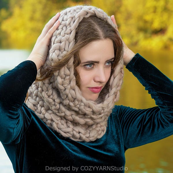 Hooded Scarf Knit Infinity Circle Scarf Wool Knitted Cowl Neck Warmer Wool Scarf Hand Knit Scarf Hood Cowl Handmade Scarf Snoods for Women