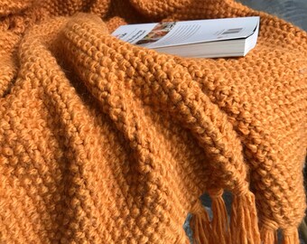 Knit Throw Handmade Knitted Blanket Baby Throw Handknitted Blanket Tassels Hand Knit Blanket Fringe Throw Wool Blanket Knit Blue Blanket