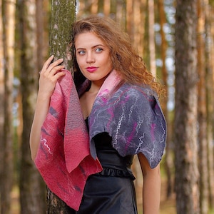 Felted Scarf with Merino Wool Felt Wool Silk Blend Scarf Felted Wrap Wool Shawl Felt Scarf Women Felted Silk Scarf