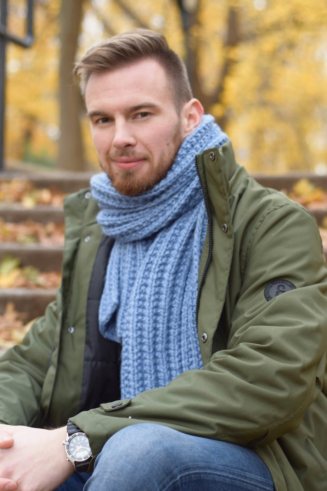 Knit Scarf for Men Wool Chunky Knitted Scarf Unisex Hand Knit Blue