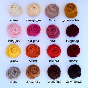 May include: A collection of 16 different colors of wool roving, arranged in four rows of four. The colors include cream, champagne, latte, yellow ocher, baby pink, hot pink, rose, burgundy, yellow, carrot, fire red, cherry, linen, cinnamon, chocolate, and dark brown.