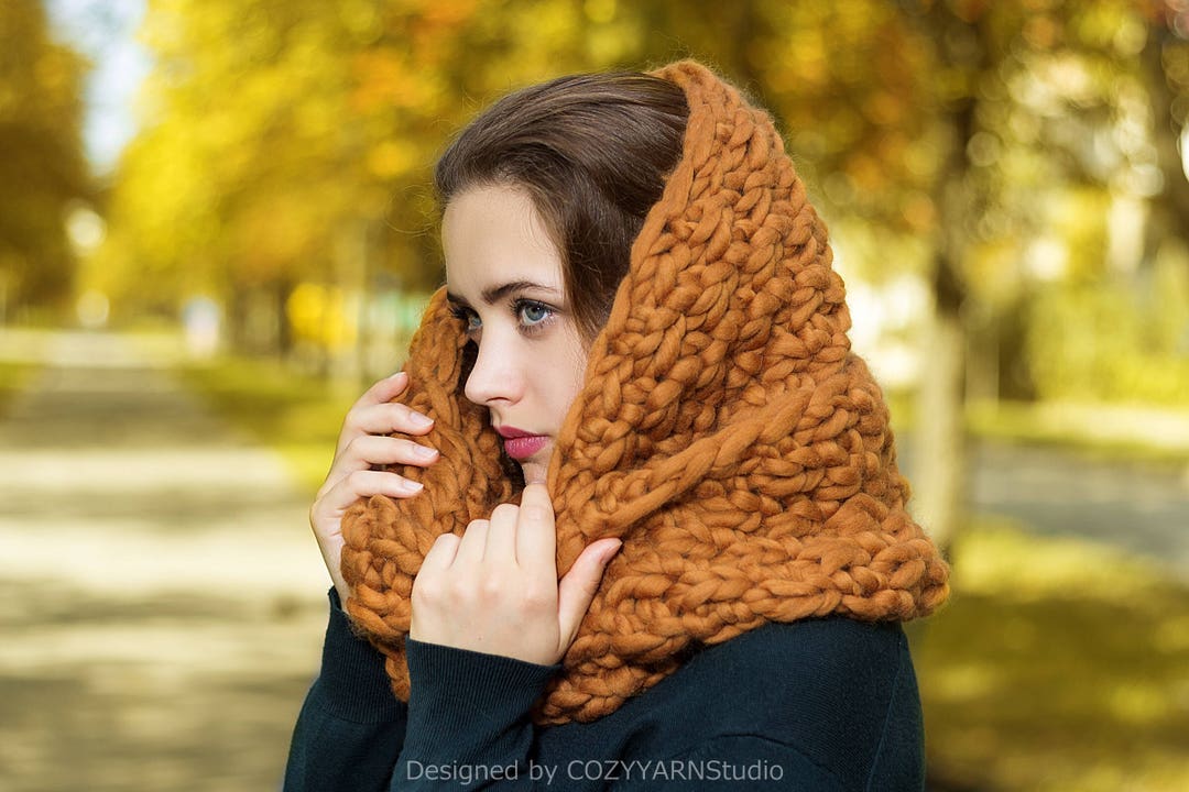 Hand Knit Scarf Loop Chunky Knit Scarf Merino Wool Wrap Hood Oversized ...