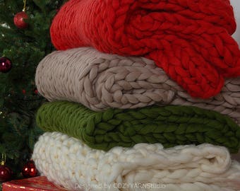FINAL SALE Ready to Ship Chunky Knit Blanket Throw Blanket Merino Wool Blanket Knit Super Chunky Yarn Blanket Chunky  Wool Throw