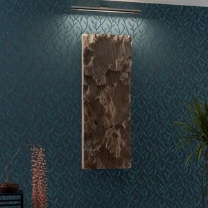 Puede incluir: Una pieza de arte de pared de madera con un patrón de veta de madera natural cuelga de una pared azul turquesa con un patrón de hojas. Una planta en maceta se encuentra en el suelo junto al arte de pared.
