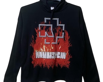 Camiseta vintage Rammstein de manga larga con capucha y doble cara, años 90, fabricada en Italia, 50 % algodón, 50 % poliéster.