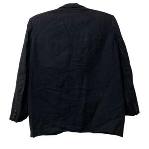 May include: A black blazer with a classic design. The jacket has a two-button closure and three buttons on each sleeve. The fabric appears to be a textured material. The blazer is shown from the back.