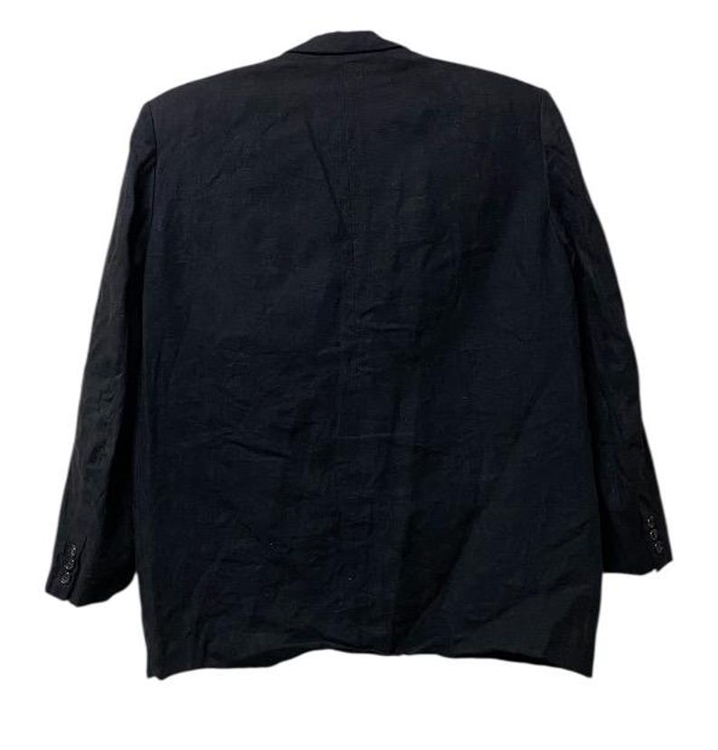 May include: A black blazer with a classic design. The jacket has a two-button closure and three buttons on each sleeve. The fabric appears to be a textured material. The blazer is shown from the back.