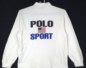 Jaren 90 Polo van Ralph Lauren rugbypoloshirt / spelling / groot logo / lange mouw / kleurblok / maat M / vintage rugbypolo Ralph Lauren