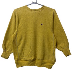 Vintage 90er Jahre Champion Reverse Weave Distressed Sweatshirt Mittlere Größe Gelb Farbe made in usa