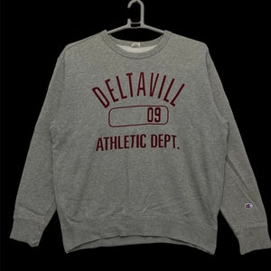 Vintage Champion Blue Bar Deltavill Athletic Dept small logo spell out jumper sweatshirt XL size gray colour