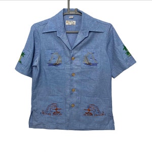 Vintage Chambray 4 poket Hawaiian buttons shirt selvedge hand floral printing