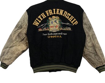Vintage Oneill surf surfing Varsity cow leather and wool jacket design Hawaii surfboard Large size