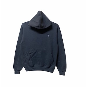 Vintage Champion hooded crewneck small logo spell out jumper sweatshirt M size gray colour