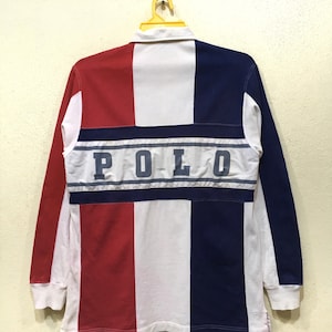 Polo de rugby Ralph Lauren de los años 90, con letras deletreadas, logo grande, manga larga, bloques de color, talla M, estilo vintage.