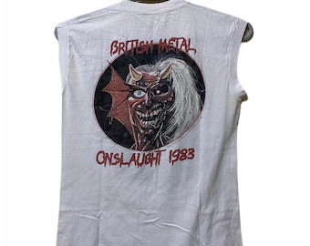 Vintage 80-tals Iron Maiden British Metal Onslaught 1983 Promo metal rock turné Officials skjorta L-storlek