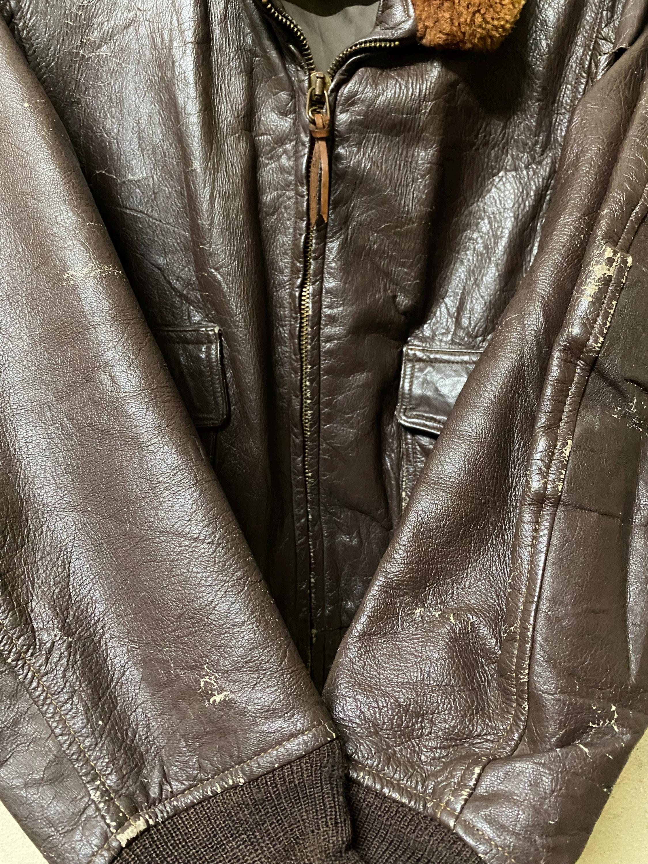 Vintage 1967 USN G-1 Vietnam Era Army Leather Jacket Conmar Zipper 