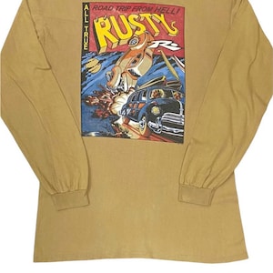 Vintage 1995 RUSTY Surf Surfing Cartoon Comic T-shirt met lange mouwen bruine kleur gemaakt in de VS