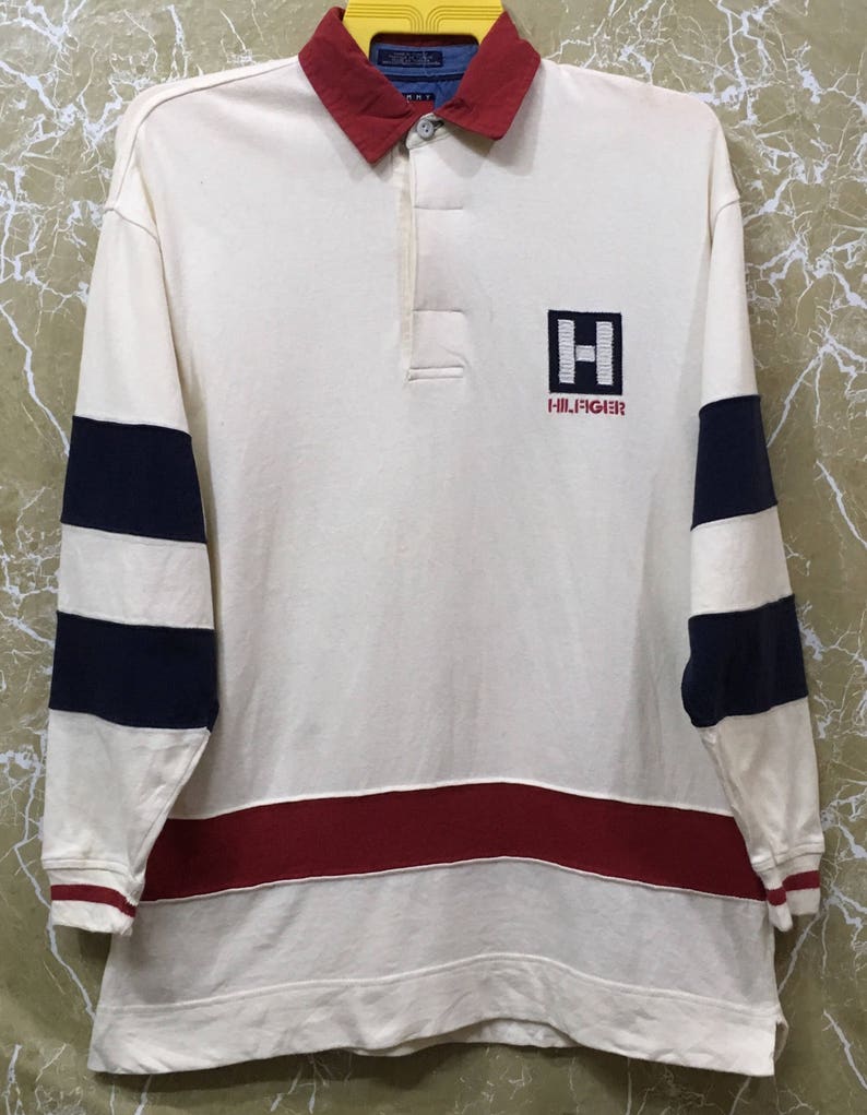 Vintage 90s Tommy Hilfiger Rugby Shirt Spell Out Big Logo Shirt Long