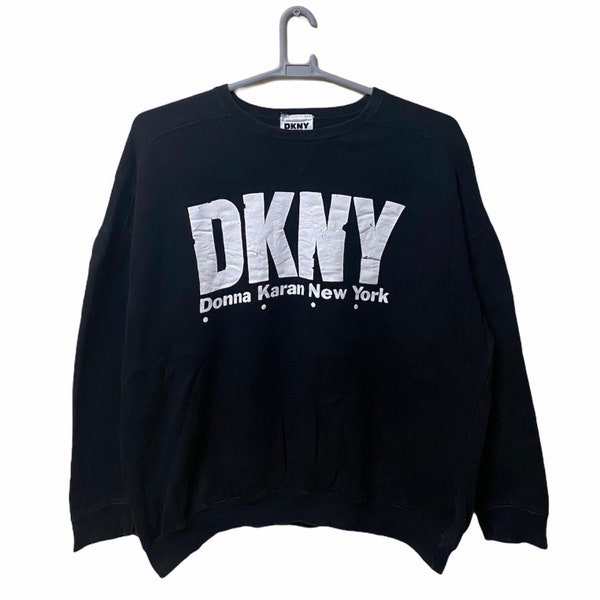 Vintage 90s DKNY Donna Karen New York Crewneck big logo  jumper pullover sweatshirt black colour XL size