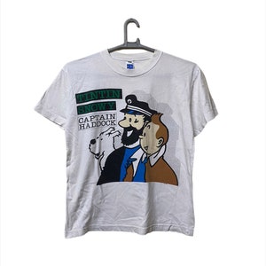 Vintage 90s Tin tin Snowy and Captain Haddock adventure t shirt white colour
