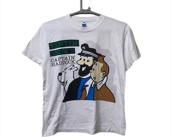 Vintage 90er Jahre Adventure t-Shirt aus Blechdose Snowy und Captain Harddock in der Farbe weiß