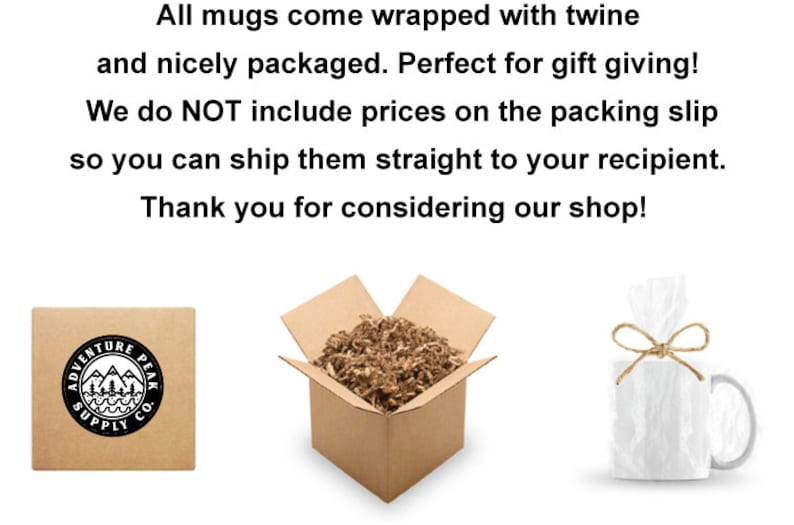 K&ouml;nnte beinhalten: Das Bild zeigt eine braune Schachtel mit Logo, einen Karton gef&uuml;llt mit Verpackungsmaterial und eine wei&szlig;e Tasse, die in Papier und Bindfaden verpackt ist. Der Text besagt, dass die Tassen gut verpackt und zum Verschenken geeignet sind.