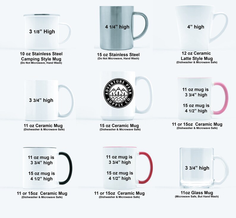 K&ouml;nnte beinhalten: Ein Set mit 10 verschiedenen Bechern in verschiedenen Gr&ouml;&szlig;en und Materialien, darunter Edelstahl, Keramik und Glas. Die Becher sind alle wei&szlig; oder silber mit schwarzem Text und Grafiken. Die Becher sind mit ihrer Gr&ouml;&szlig;e und ihrem Material sowie ihrer Mikrowellen- und Sp&uuml;lmaschinenfestigkeit gekennzeichnet.