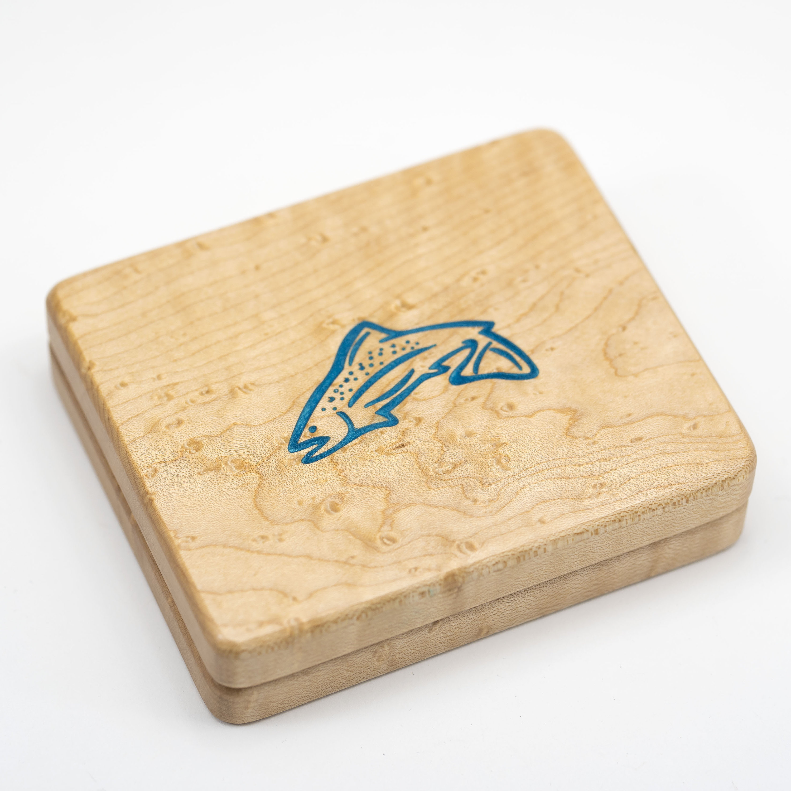 Bird's Eye Maple Wooden Fly Fishing Box With Trout Inlay 