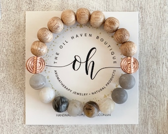 Pulsera de aromaterapia de ágata y madera con disco de cobre