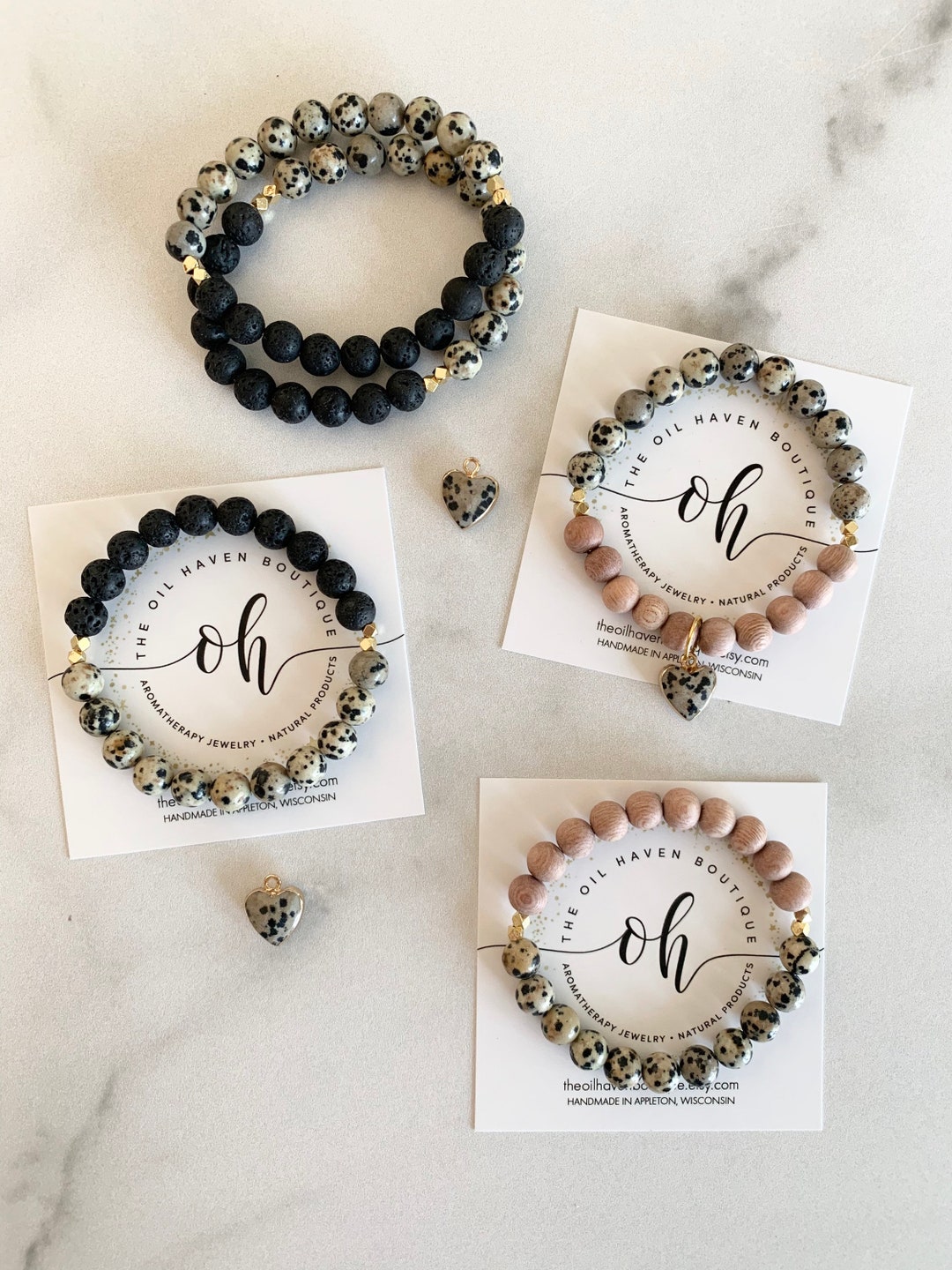 Dalmation Jasper Heart Charm Diffuser Bracelet Aromatherapy