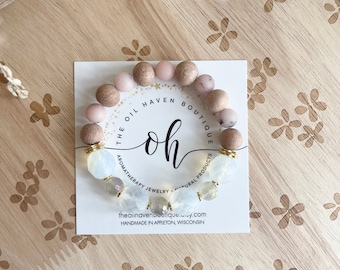 Neutral Czech Beads and Pink Opal Gemstone Diffuser Bracelet ~ Essential Oil ~ Gift ~ Aromatherapy ~ Boho ~ Bridesmaid ~ Travel ~ Wedding