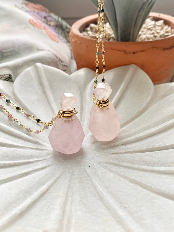 Rose Quartz Necklace Gemstone Pendant Essential Oil Holistic