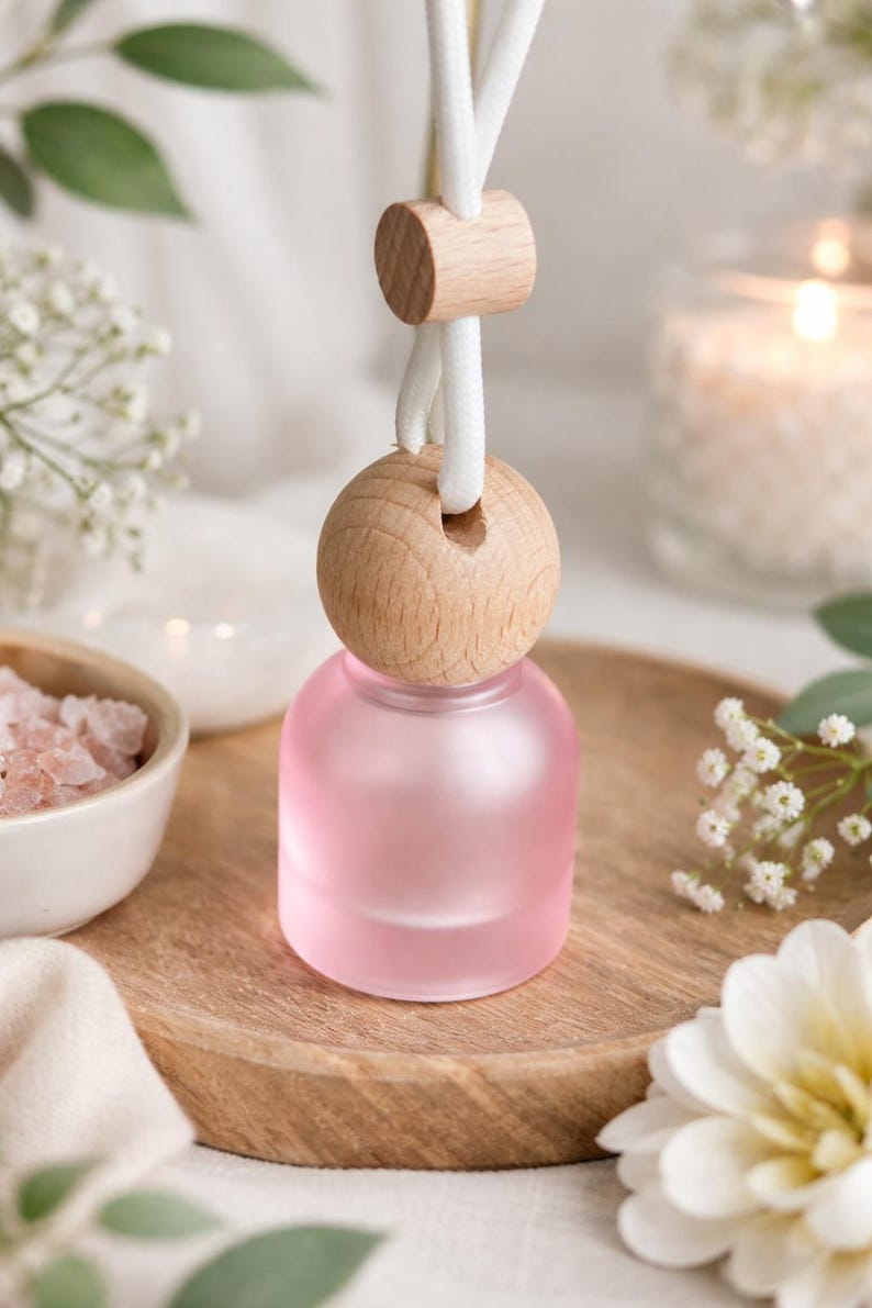 May include: A small, round, frosted pink glass bottle with a light-colored wooden cap. The bottle is suspended by a white cord that features a small, cylindrical wooden bead for adjustment, designed for hanging as a car air freshener.