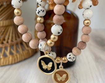 Fall Butterfly Charm Diffuser Bracelets ~ Dalmatian Jasper Gemstone ~ Essential Oil Diffuser ~ Holistic ~ Boho ~ Stretch Bracelet