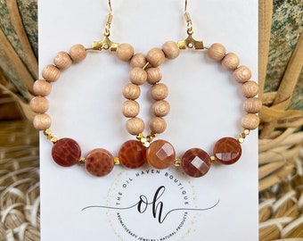 Fire Agate Gemstone Hoop Earrings ~ Gift for her ~Aromatherapy ~ Essential Oil Earrings ~ Diffuser Earrings ~ Beach ~ Travel ~ Boho Earrings