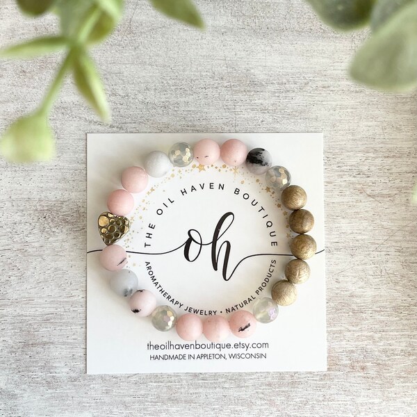 Pink Opal and Heart ~ Diffuser Bracelets ~ Essential Oils ~ Aromatherapy ~ Gemstones ~ Holistic ~ Bridal Jewelry ~ Travel ~ Boho