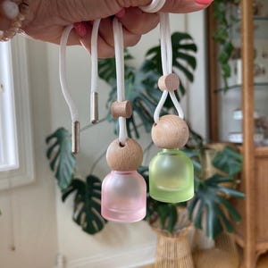 May include: Two small, round, frosted glass bottles hanging from white cords. One bottle is light pink and the other is light green. Each bottle features a natural light-colored wooden cap and a small wooden bead on the cord for adjustment.