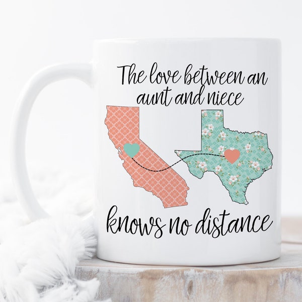 Moving Away Mug, Moving Mug For Aunt, Christmas Gift For Aunt, Connecting States Mug, State To State Mug, Long Distance Mug For Aunt