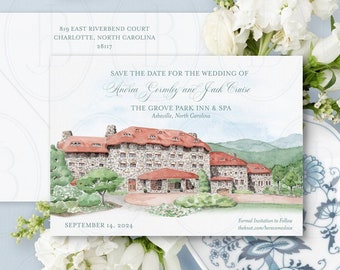 Printed Save The Date, Watercolor Wedding Venue Save The Date, Custom Venue Illustration by Boone and June, Grove Park Inn Save the Date