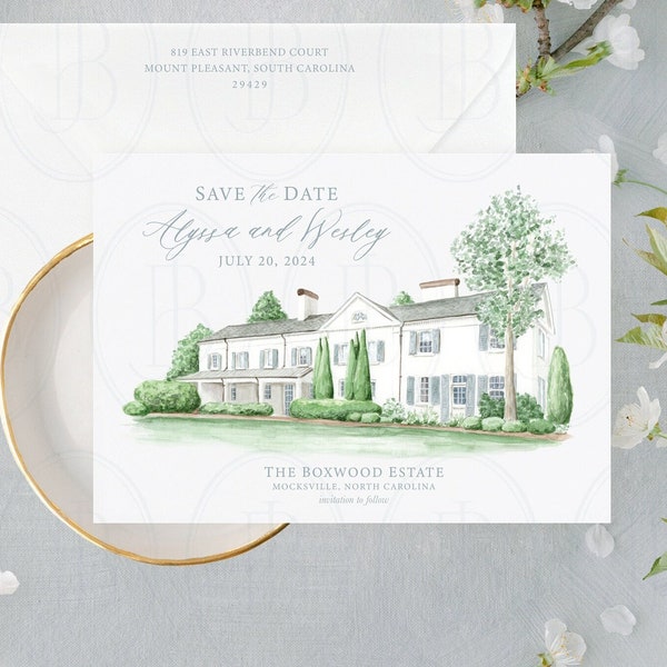 Printed Save The Date, Watercolor Wedding Venue Save The Date, Custom Watercolor Venue, Venue Illustration