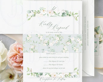 Belly Band with Watercolor Roses and Eucalyptus Pattern on Light Blue Background, Semi-Custom Wedding Stationery by Boone and June