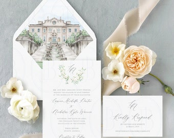 Watercolor Venue Illustration Invitation with Liner, Printed Invite, Watercolor Invitation, Monogrammed Wedding Invitation, Painted Venue