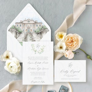 Watercolor Venue Illustration Invitation with Liner, Printed Invite, Watercolor Invitation, Monogrammed Wedding Invitation, Painted Venue