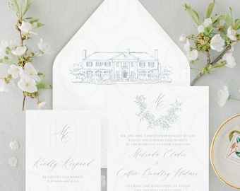 Invitation Suite with Custom Venue Line Drawing Envelope Insert, Semi-Custom Wedding Stationery by Boone and June