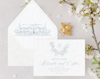 Save the Date with Custom Venue Sketch Envelope Liner, Semi-Custom Wedding Stationery by Boone and June