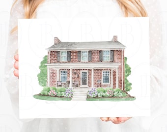 May include: A watercolor painting of a two-story brick house with a white trim. The house has a porch with a white railing and a green lawn with flowers.