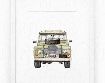 Vintage Army Green Truck Print, Front View, Hand Painted Watercolor, Printed Wall Art, Kids Room Art, Watercolor 4x4 Print by Boone and June