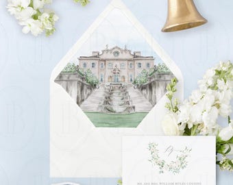 Ilustración del lugar Swan House: Forro imprimible para sobres de boda en Atlanta (descarga digital, archivo PNG)